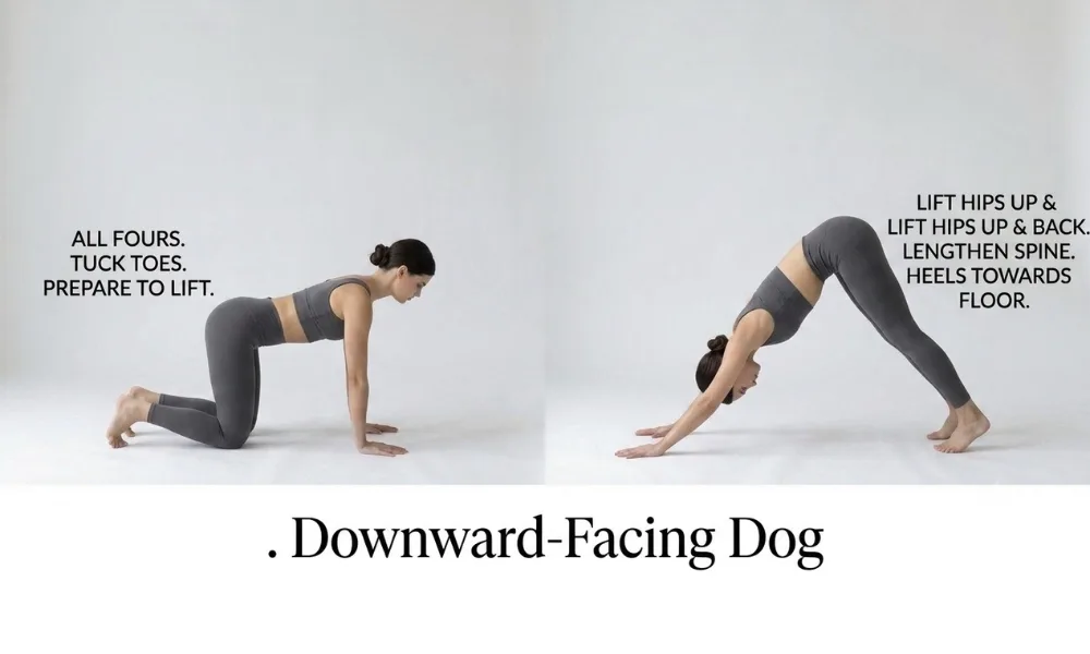 Step-by-step guide to downward facing dog pose showing initial position on all fours with toes tucked and final transition lifting hips up and back.