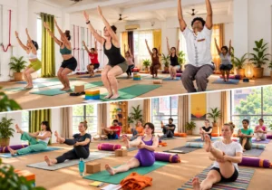 Yoga students practicing traditional Hatha Yoga and dynamic Vinyasa Yoga poses in a yoga class