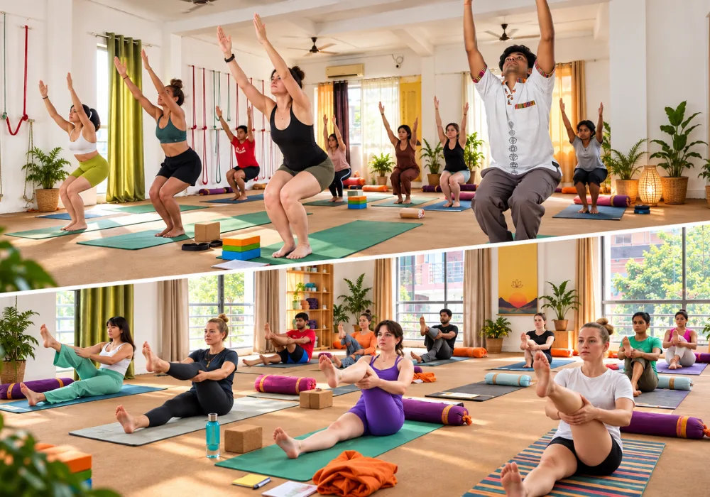Yoga students practicing traditional Hatha Yoga and dynamic Vinyasa Yoga poses in a yoga class