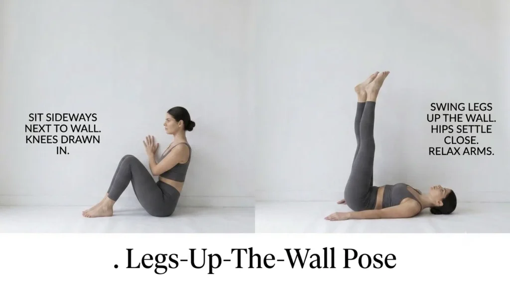 Step-by-step demonstration of legs up the wall pose showing a woman sitting next to a wall and swinging her legs vertically up against it to rest.