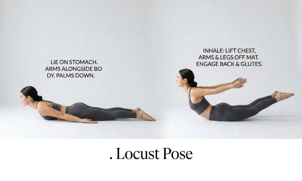 Step-by-step demonstration of locust pose showing a woman lying face down and inhaling to lift her chest, arms, and legs off the mat.