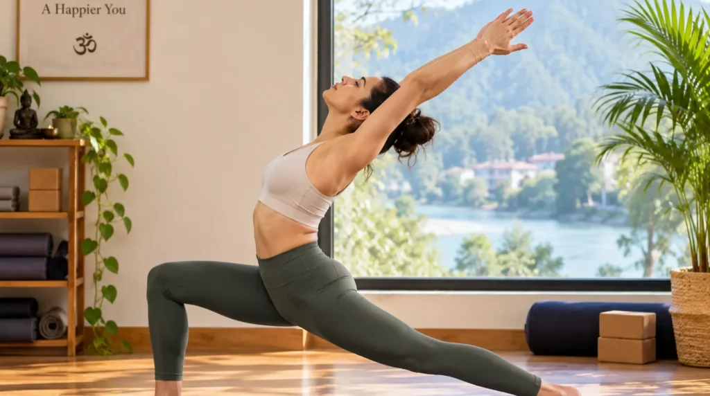 Yoga for Desk Workers with a standing lunge and overhead stretch