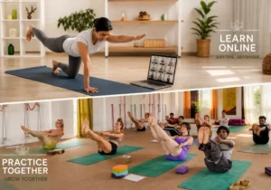 Online vs In-Person Yoga Teacher Training with home practice and classroom yoga sessions