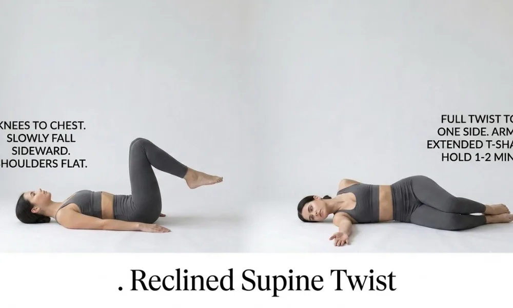 Step-by-step guide to a reclined supine pose showing knees drawn to chest before lowering to the side in a full spinal twist with arms extended.