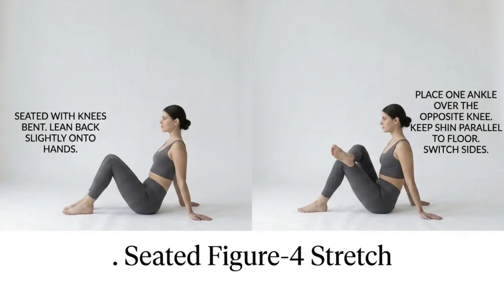 Step-by-step guide to seated four figure pose showing a woman sitting with knees bent, then placing one ankle over the opposite knee to stretch.