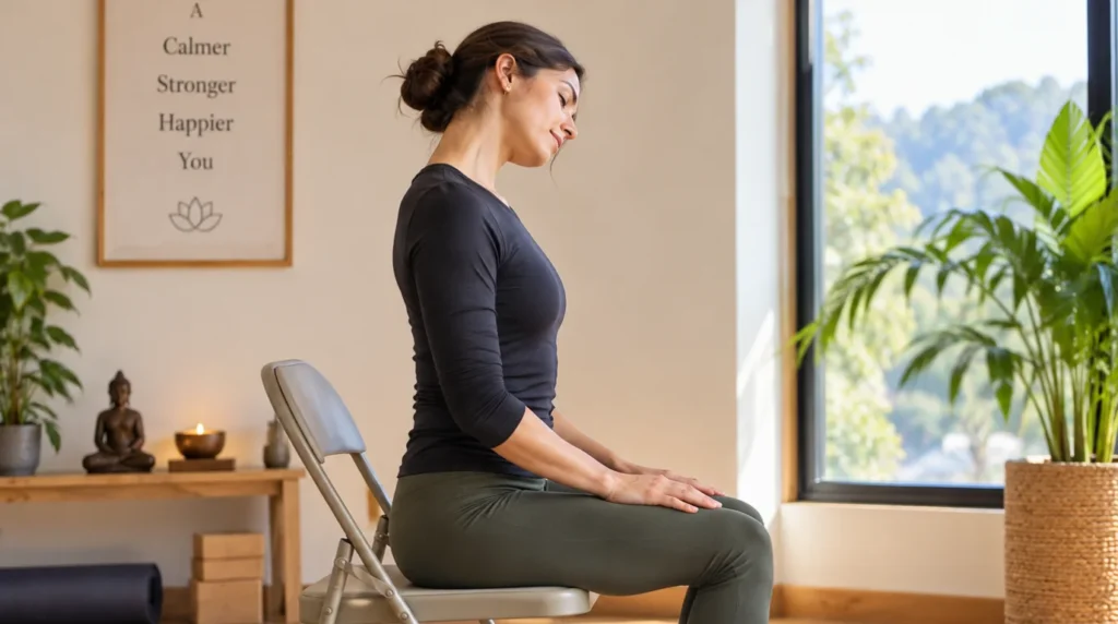 Yoga for Desk Workers with a seated posture exercise on a chair