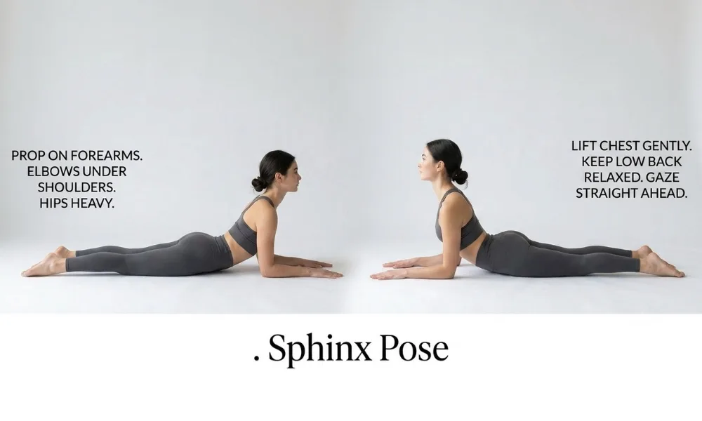 Step-by-step instructions for sphinx pose showing proper alignment propped on forearms with a gently lifted chest.