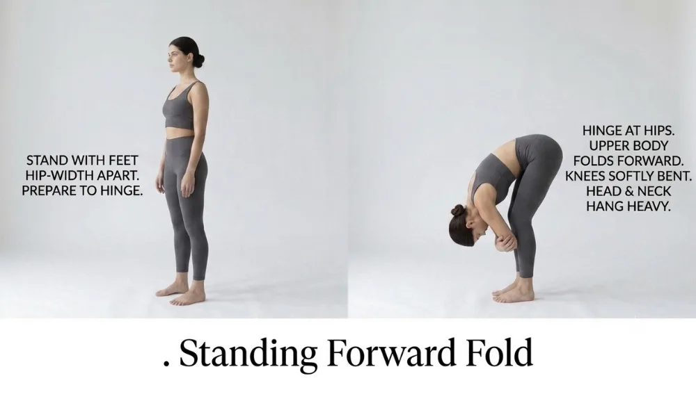 Step-by-step guide to standing forward fold pose showing a woman standing tall before hinging at the hips with softly bent knees and relaxed head.