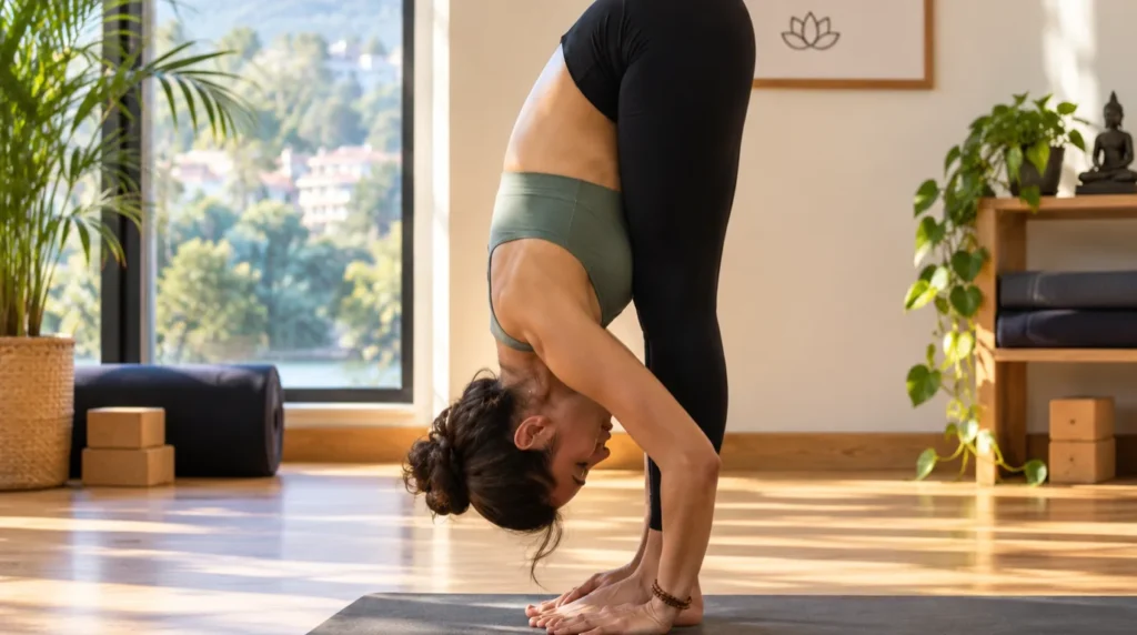 Yoga for Desk Workers featuring a standing forward fold stretch