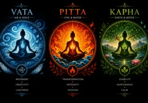What’s Your Dosha Vata, Pitta & Kapha illustrated with Ayurvedic elements