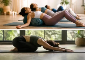 Yin Yoga and Restorative Yoga poses showing the differences between Yin Yoga vs Restorative Yoga
