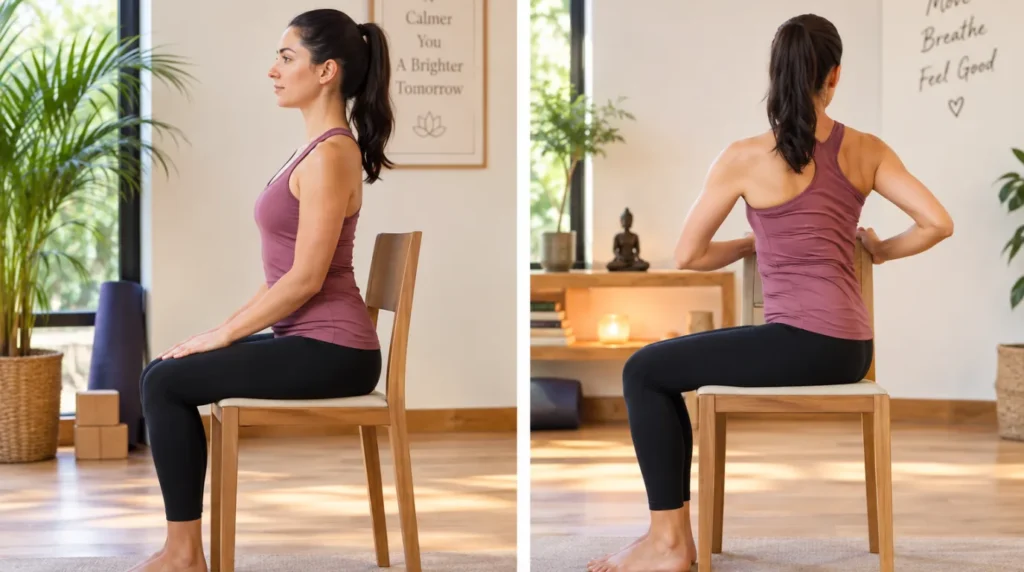 Yoga for Desk Workers with a seated spinal twist and posture exercise on a chair