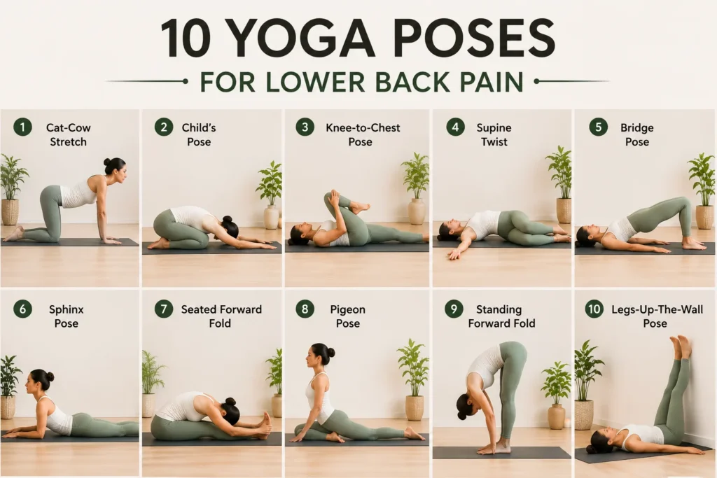 10 yoga poses for lower back pain including Cat-Cow, Child's Pose, Bridge Pose, Sphinx Pose and Pigeon Pose