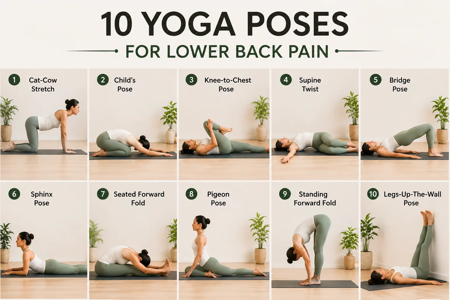 10 yoga poses for lower back pain including Cat-Cow, Child's Pose, Bridge Pose, Sphinx Pose and Pigeon Pose