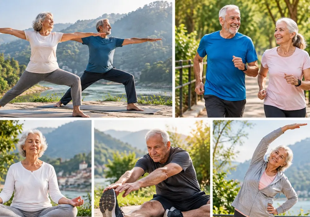Elderly adults practicing yoga, running, meditation, and stretching to support longevity and long-term mobility