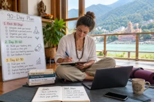 Yoga graduate creating a practical 90-day plan for new yoga teachers, with teaching goals, study materials, and a laptop overlooking the Ganges in Rishikesh