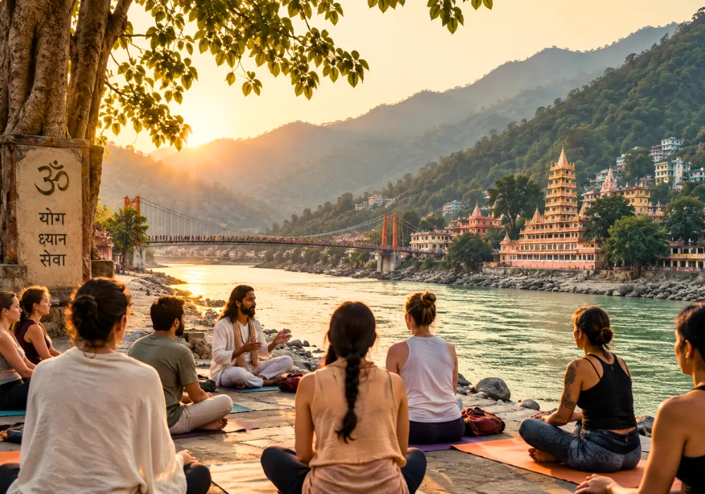 Yoga students meditating beside the Ganges River in Rishikesh at sunset, with Himalayan foothills and traditional temples in the background