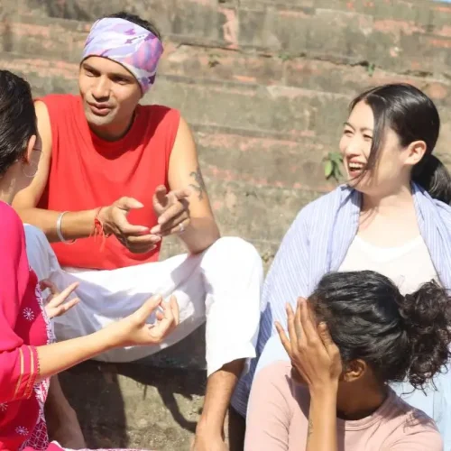 Yoga students having good time in india with 200 hour yoga teacher trainer kamal negi