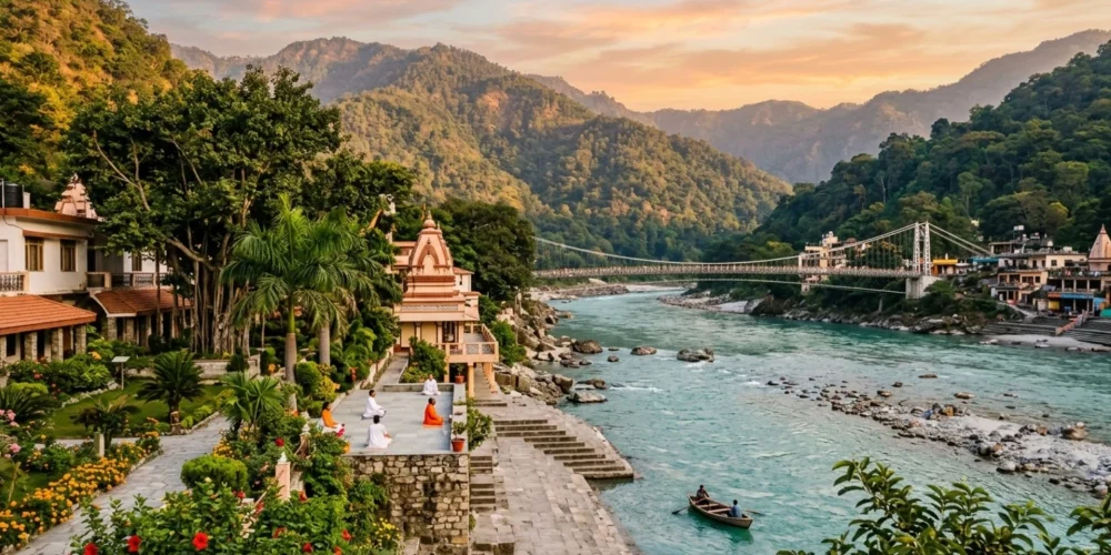 Rishikesh ashram near Ganga river with Ram Jhula bridge and peaceful Himalayan surroundings