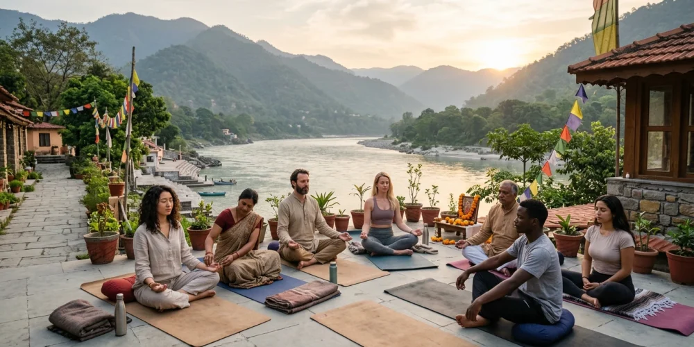 Diverse group of people practicing yoga and meditation at a Rishikesh ashram near the Ganga river with Himalayan views
